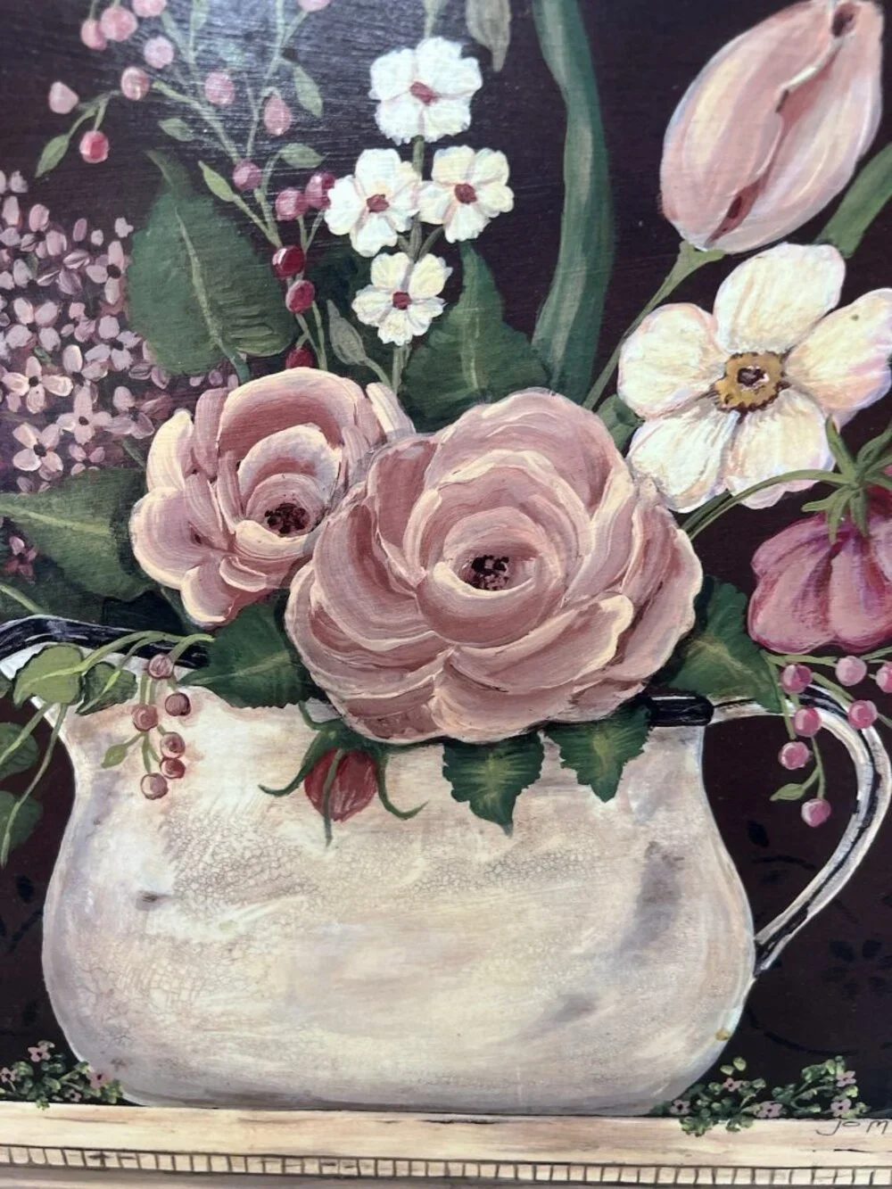 Painted Flowers on Wooden Board Signed Jo Moulton Floral Decor Wall Hanging